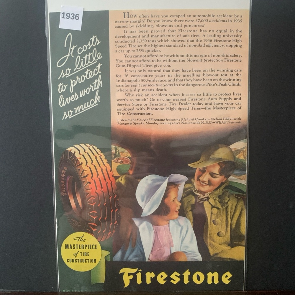 Vintage 1936 Firestone It Costs So Little To Protect Lives Ad Advertisement